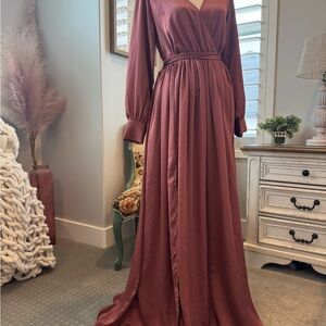 Women’s Baltic Born Elegant Mauve Maxi Dress – Long Sleeve Wrap Gown